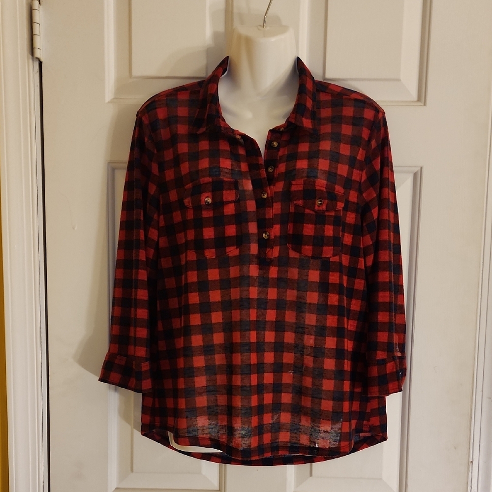 Red and Navy Plaid Button-Up Shirt